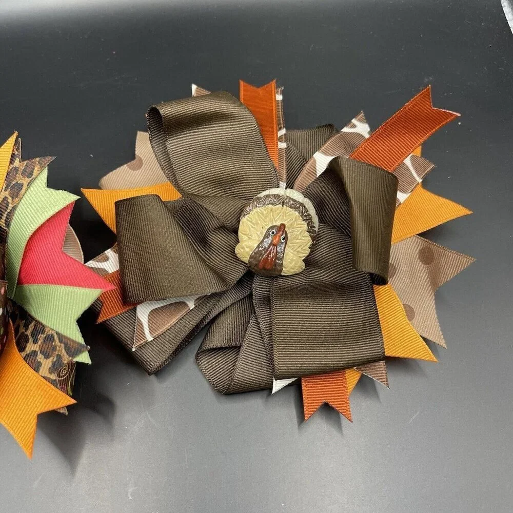 Lot of 2 Hair Bows Thanksgiving Fall Turkey Owl Brown Pink Clip Hairbow